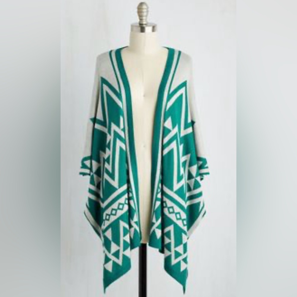 New STACCAOT Kimono Poncho Cardigan Sweater Turquoise Teal Aztec Tribal Boho